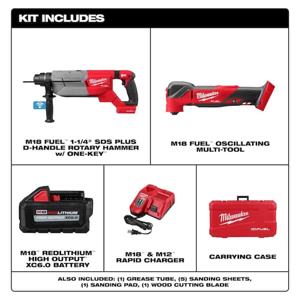 M18 FUEL ONE-KEY 18V Lith-Ion Brushless Cordless 1-1/4 in. SDS-Plus Rotary Hammer Kit w/(2) 6.0 Ah Battery & Multi-Tool