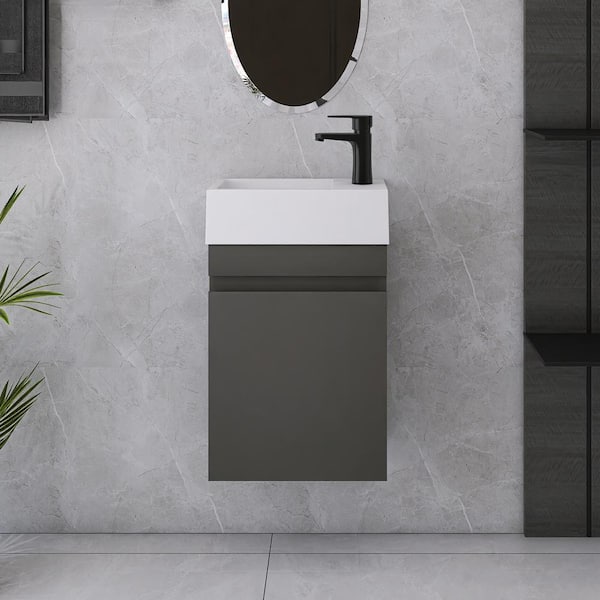 Unbranded 16 in. W x 9 in. D x 21 in. H Single Sink Wall-Mounted Bathroom Vanity in Grey with White Cultured Marble Top