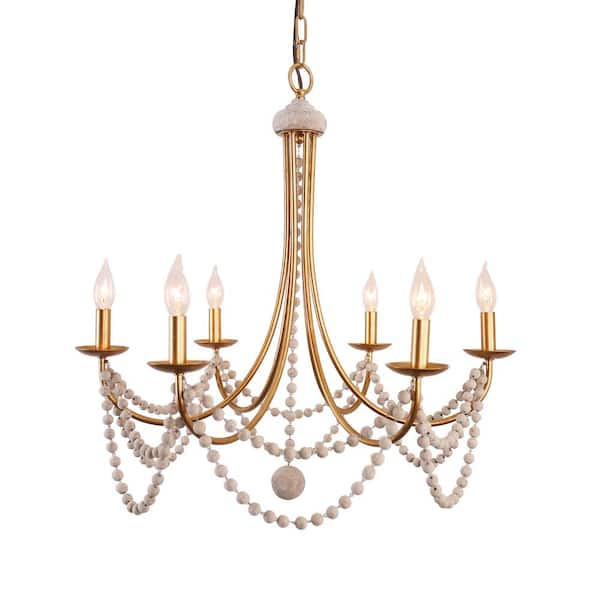 Oaks Aura Hartland Modern Farmhouse 6-Light Vintage Gold Finish Bohemia Wood Beaded Chandelier