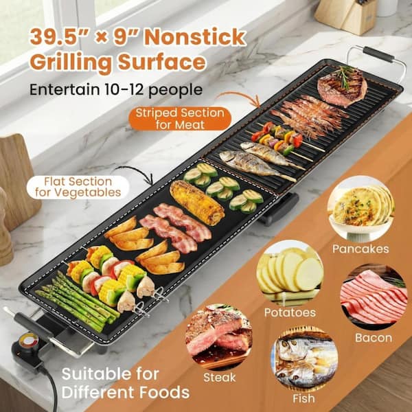 39.5 in Electric Teppanyaki Grill Nonstick Dual Zone Cooking Black