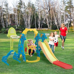 5-in-1 Toddler Slide and Swing Set Outdoor Slide Set with Basketball Hoop
