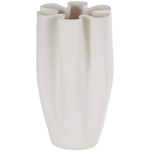 Litton Lane White Ribbed Dimensional Folded Ceramic Abstract Decorative Vase with Floral Shaped Rim