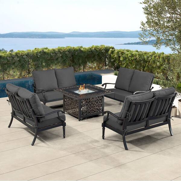 Oakland Living Black Aluminum Fire Table Set with 4-Deep Seating Loveseat with Cushions
