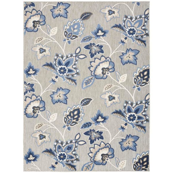 Aloha Blue/Grey 9 ft. x 12 ft. Botanical Contemporary Indoor/Outdoor Area Rug