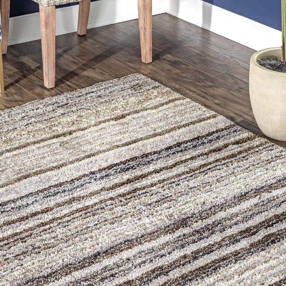 Beige Striped Handmade Shag Area Rug 9' x 12'