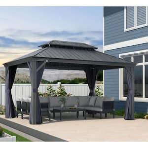 10 ft. x 14 ft. Gray Aluminum Power-Coated Frame Galvanized Steel Double Roof Hardtop Gazebo,Hooks, Netting,Blue Curtain