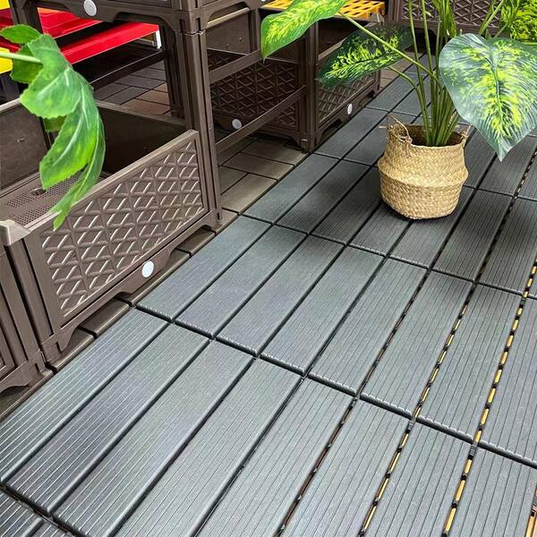 1 ft. x 1 ft. Patio Plastic Interlocking Square Waterproof Deck Tile in Dark Gray (44-Pack) for Poolside Backyard