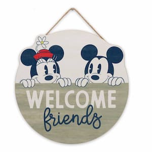 Mickey  and Minnie Mouse Welcome Friends Round Hanging Wood Decorative Sign