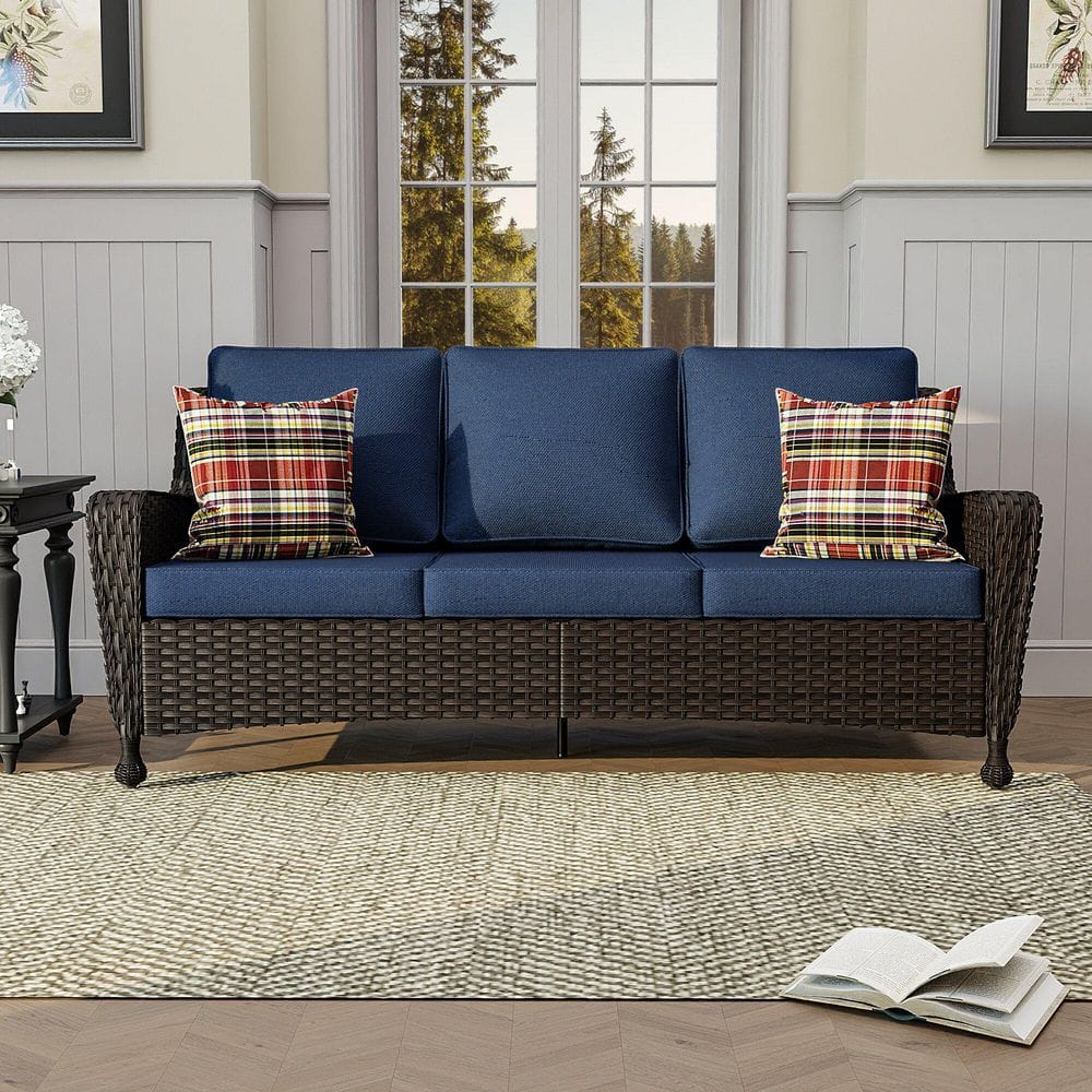 3-Seat Brown Wicker Outdoor Chaise Lounge Patio Sofa with Blue Cushions price history on PriceWatchPro