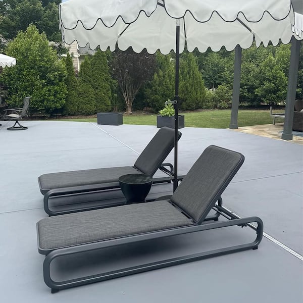 Chaise Lounge Gray 2 pieces Metal Outdoor Recliner w/Slide-Out Side Table with Cushion Adjustable Backrest