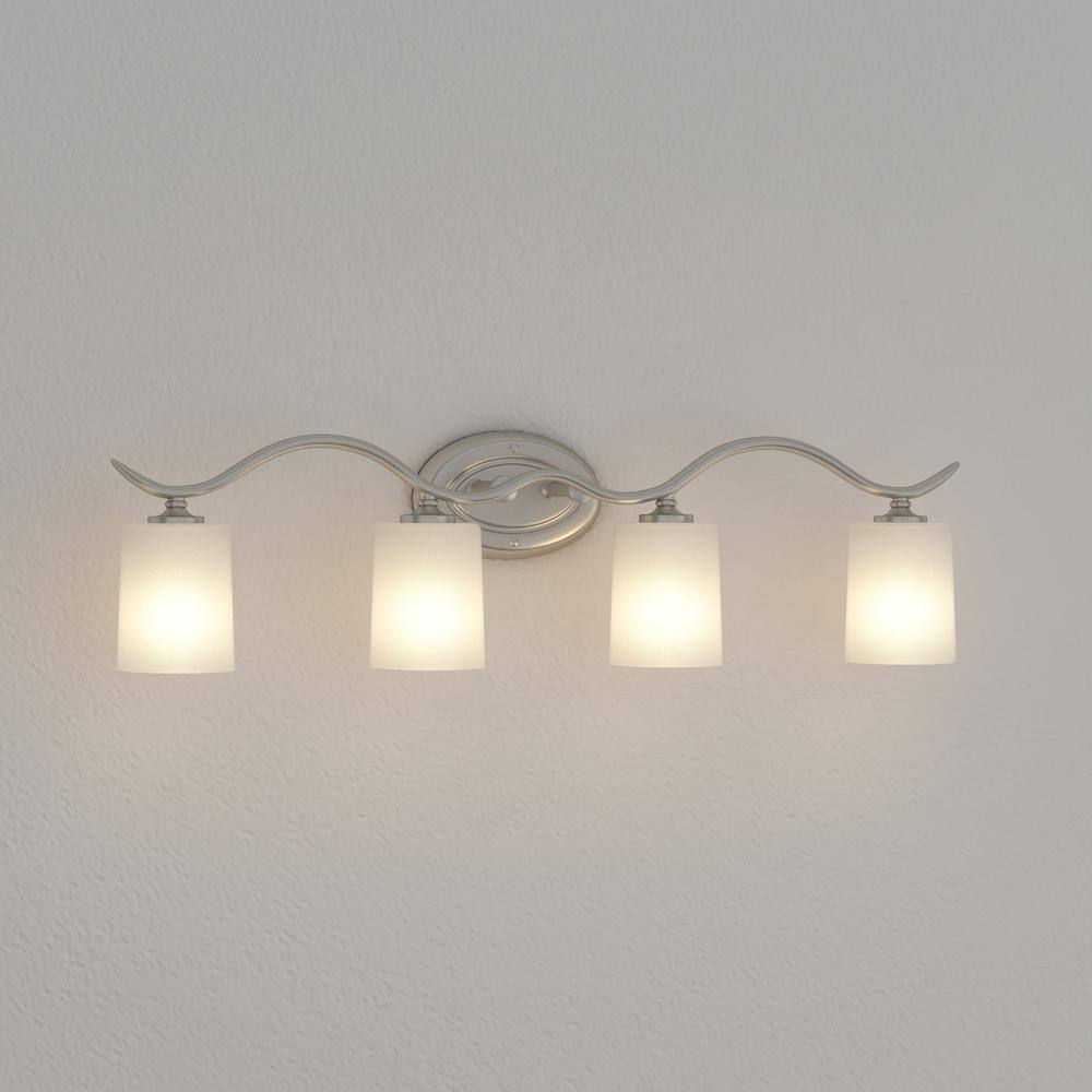 Brushed Nickel 4-Light Bathroom Vanity Fixture with Etched Glass Shades