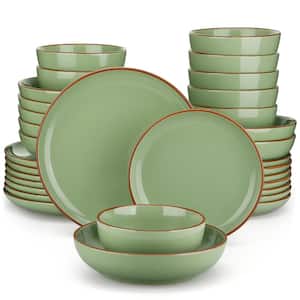 32 Piece Modern Smooth Dark Green Stoneware Dinnerware Set (Service for Set for 8)