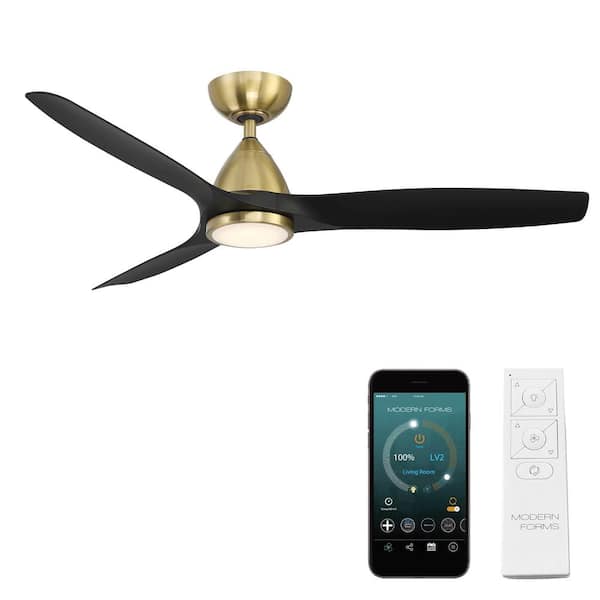 Modern Forms Skylark 54 in. 3-Blade Smart Indoor/Outdoor Ceiling Fan in Soft Brass Matte Black 3000K Integrated LED and Remote