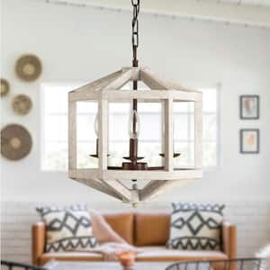Oaks Aura Farmhouse 3-Light Antique Distressed White Wood Candle Chandelier Shabby Chic Ceiling Light