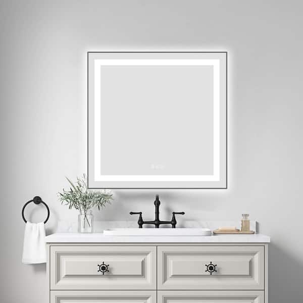 Gun Ash 30.00 in. W x 30.00 in. H LED Modern Rectangle Aluminium Framed Wall Mirror