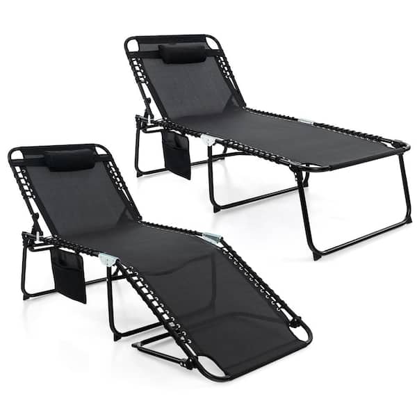 Oversize Folding Chaise Lounge Portable Patio Sun Lounger with Adjustable Backrest Detachable Pillow  and  Pocket Black