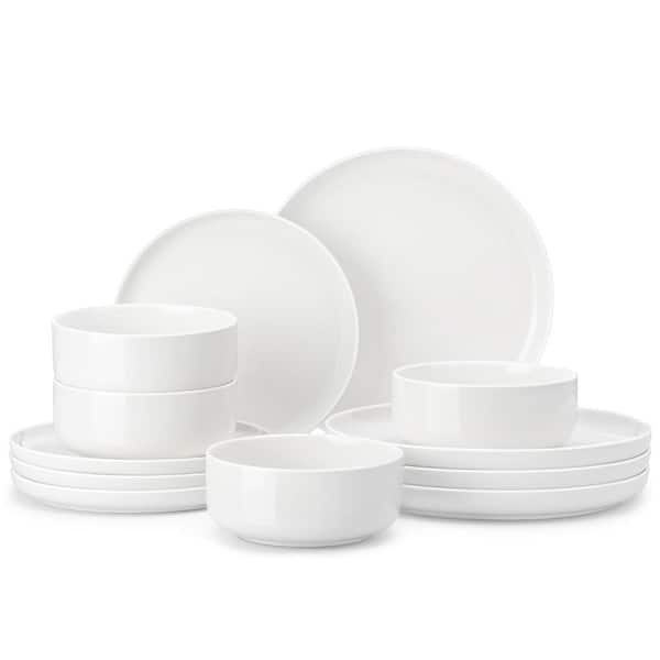 Luna 12-Piece Chip Resistant White Porcelain Dinnerware Set Service for 4 with Dinner Plates Salad Plates and Bowls