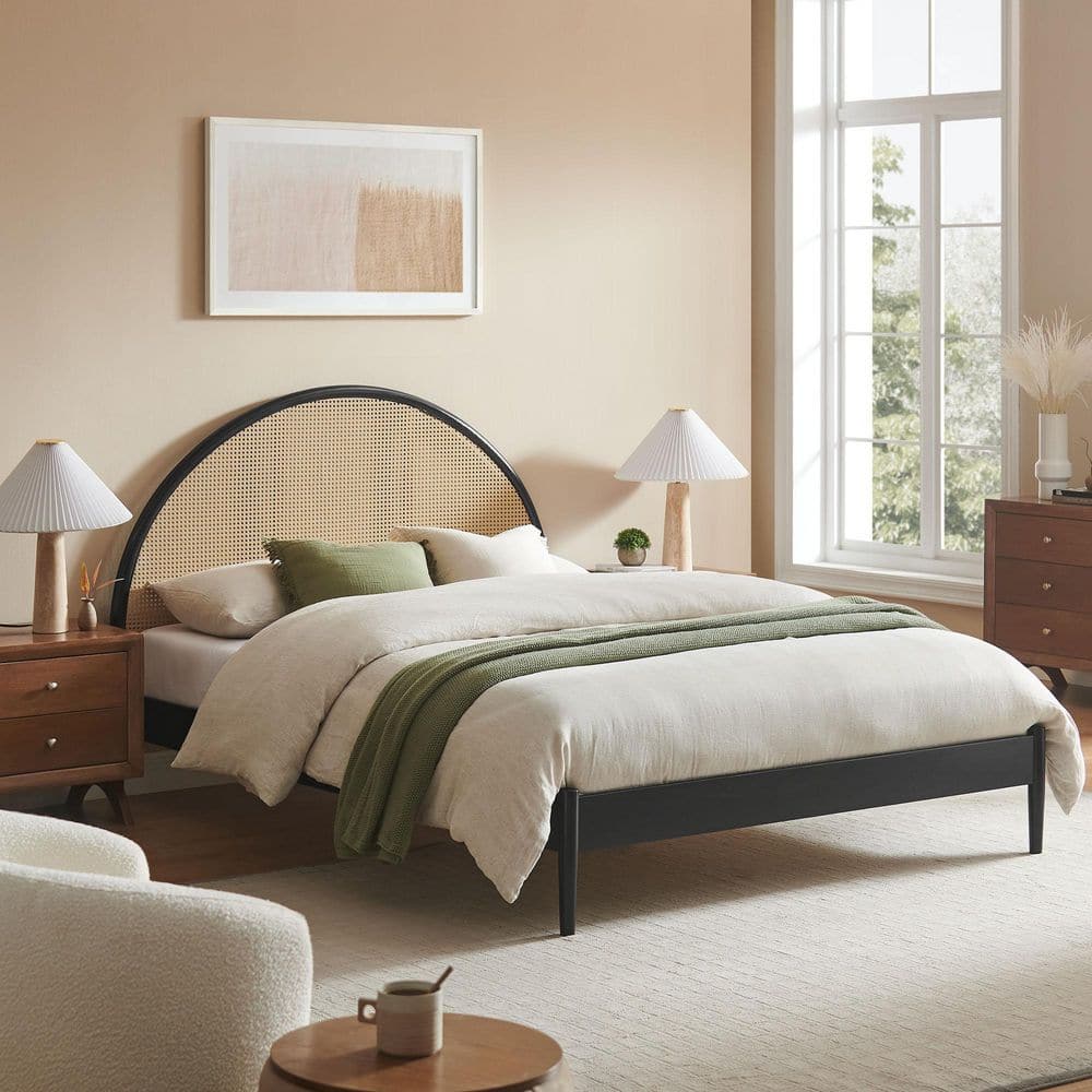 Black Queen Wood Frame Platform Bed with Arched Rattan Cane Headboard