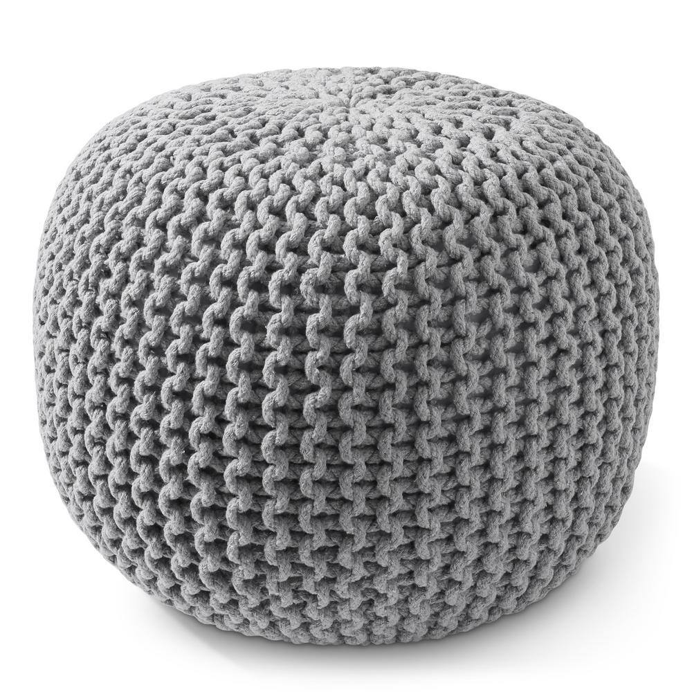 Light Gray Hand-Knitted Cotton Round Pouf Ottoman