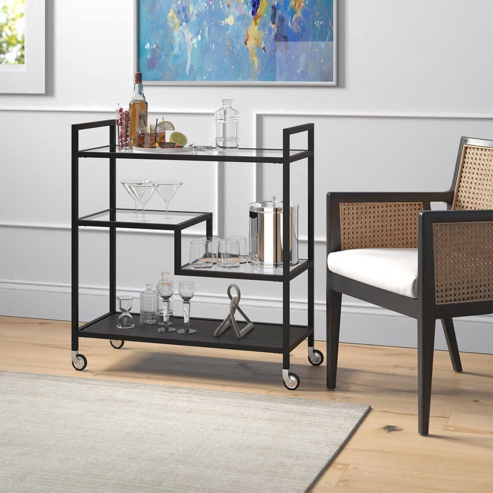 Lovett 33" Blackened Bronze Rectangular Bar Cart with Glass Shelves