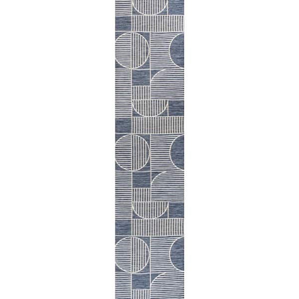 Arielle Mid-Century Modern Geometric Line Reversible Machine Washable Navy/Cream 2 ft. x 8 ft. Indoor/Outdoor Runner Rug