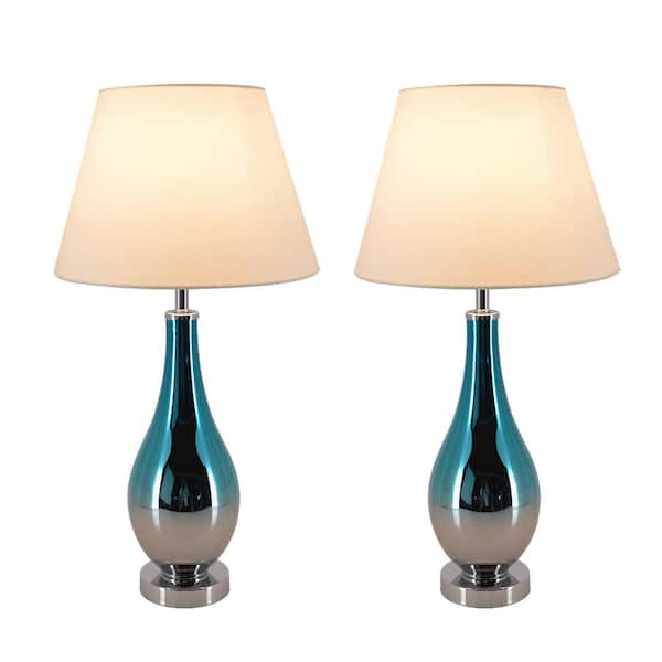 CARRO Tulip 28 in. Blue Chrome Ombre Indoor Table Lamp with Shade, Set of 2