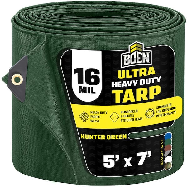 BOEN 5 ft. x 7 ft. Ultra Heavy-Duty 16 Mil Thick Hunter Green Tarp Cover, Waterproof, Tear Proof and UV Resistant