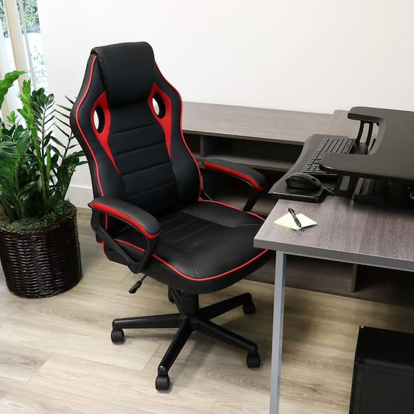 High Back Faux Leather Mesh Adjustable Height Office Chair in Red Trim with Arms