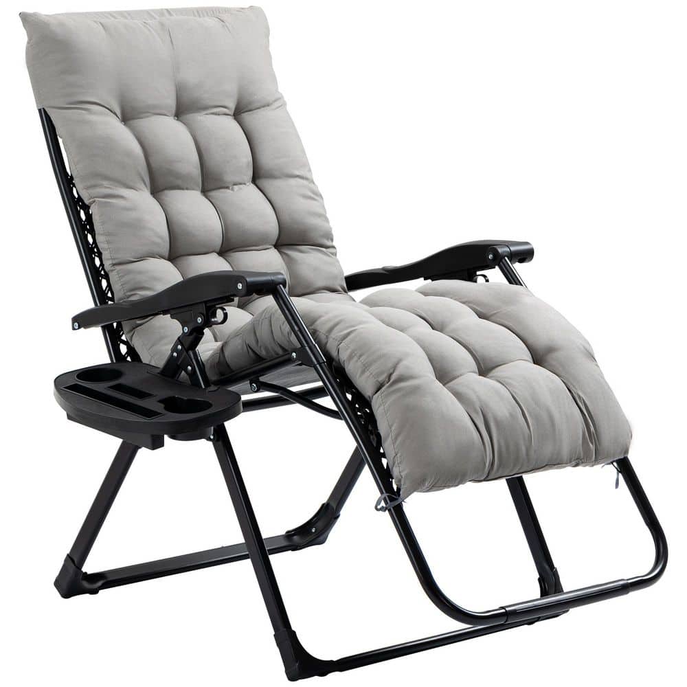 Gray Powder-Coated Steel Zero Gravity Folding Reclining Outdoor Lounge Chair with Padded Cushion and Side Tray in Gray