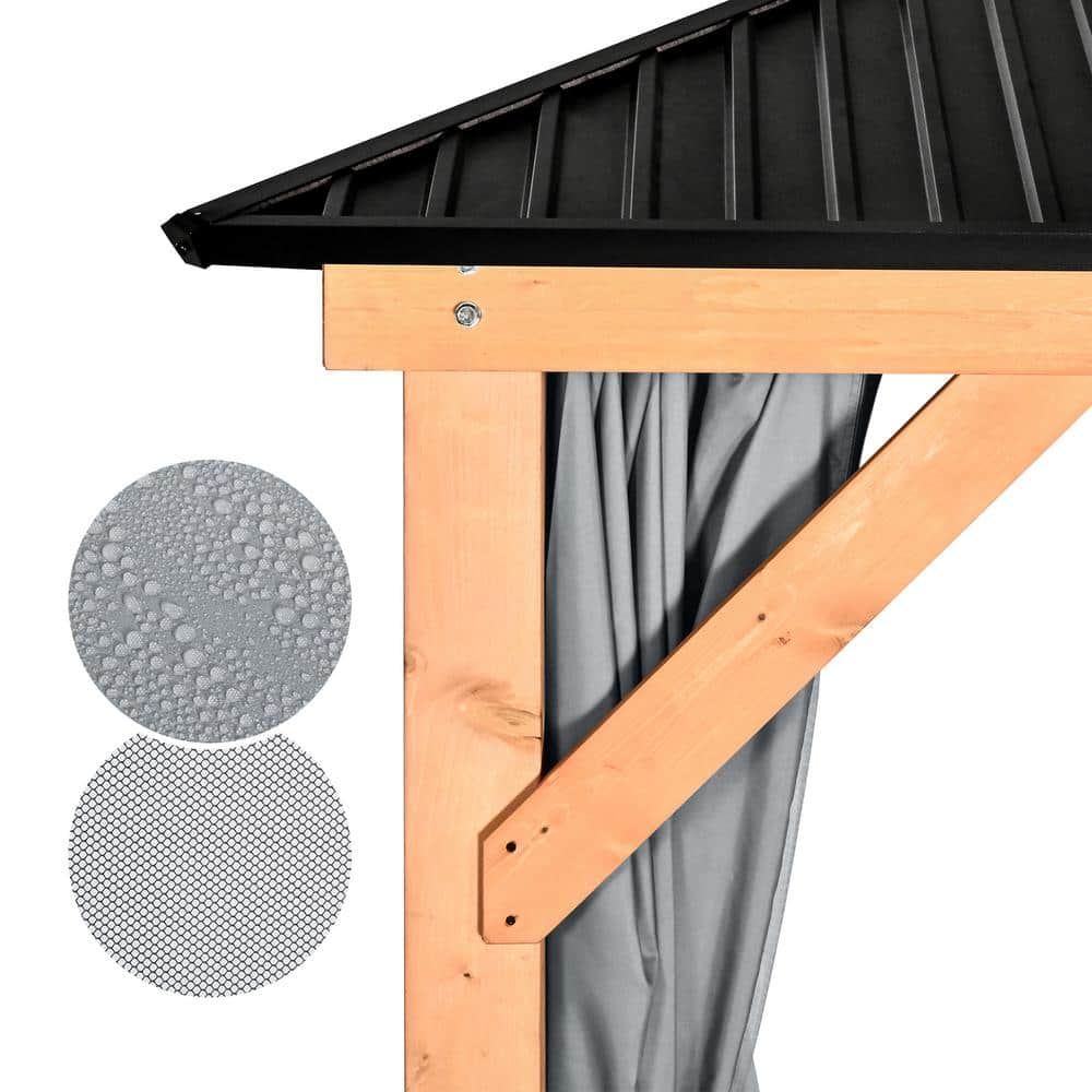 11' x 13' Wooden Patio Gazebo with Black Metal Roof and Gray Curtains