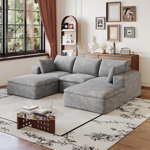 Billie 102.4 in. Square Arms 5-Piece Corduroy Modular Compressed Sectional Sofa in Grey with 2 Ottomans