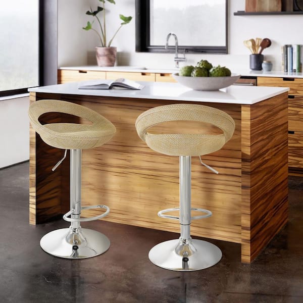 24 in. Tan Low Back Rattan Adjustable Bar Stool with Chrome Base (Set of 2)