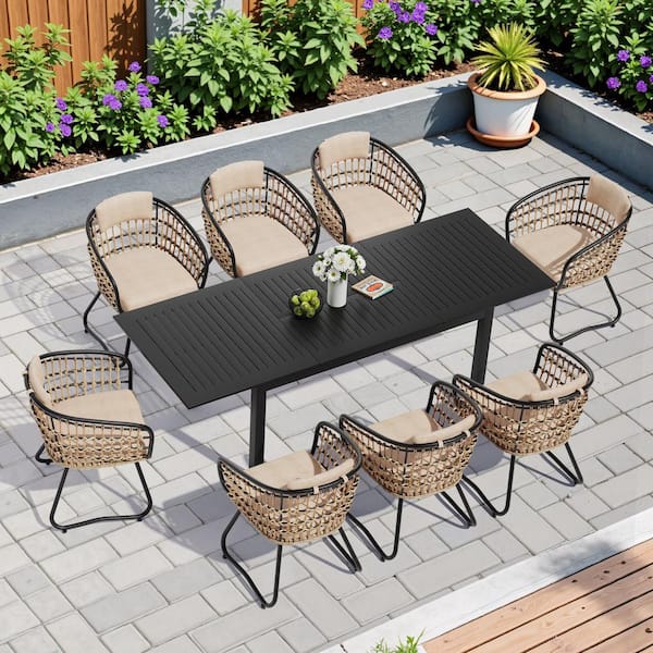 Crestlive Products Beige 9-Piece Metal Outdoor Dining Set with 8 Rattan Chairs and Cushions 94.5 in. L Extendable Dining Table for Patio