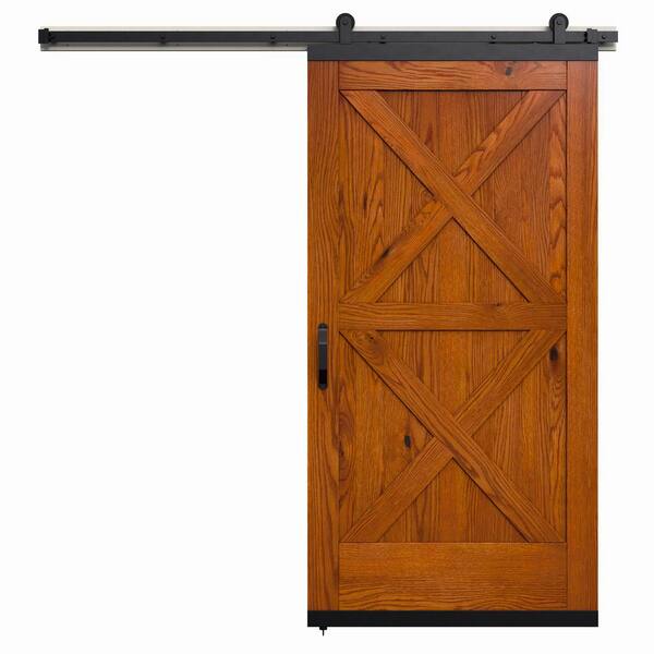 JELD-WEN 42 in. x 80 in. Karona Crossbuck Chestnut Stained Rustic White Oak Wood Sliding Barn Door with Hardware Kit