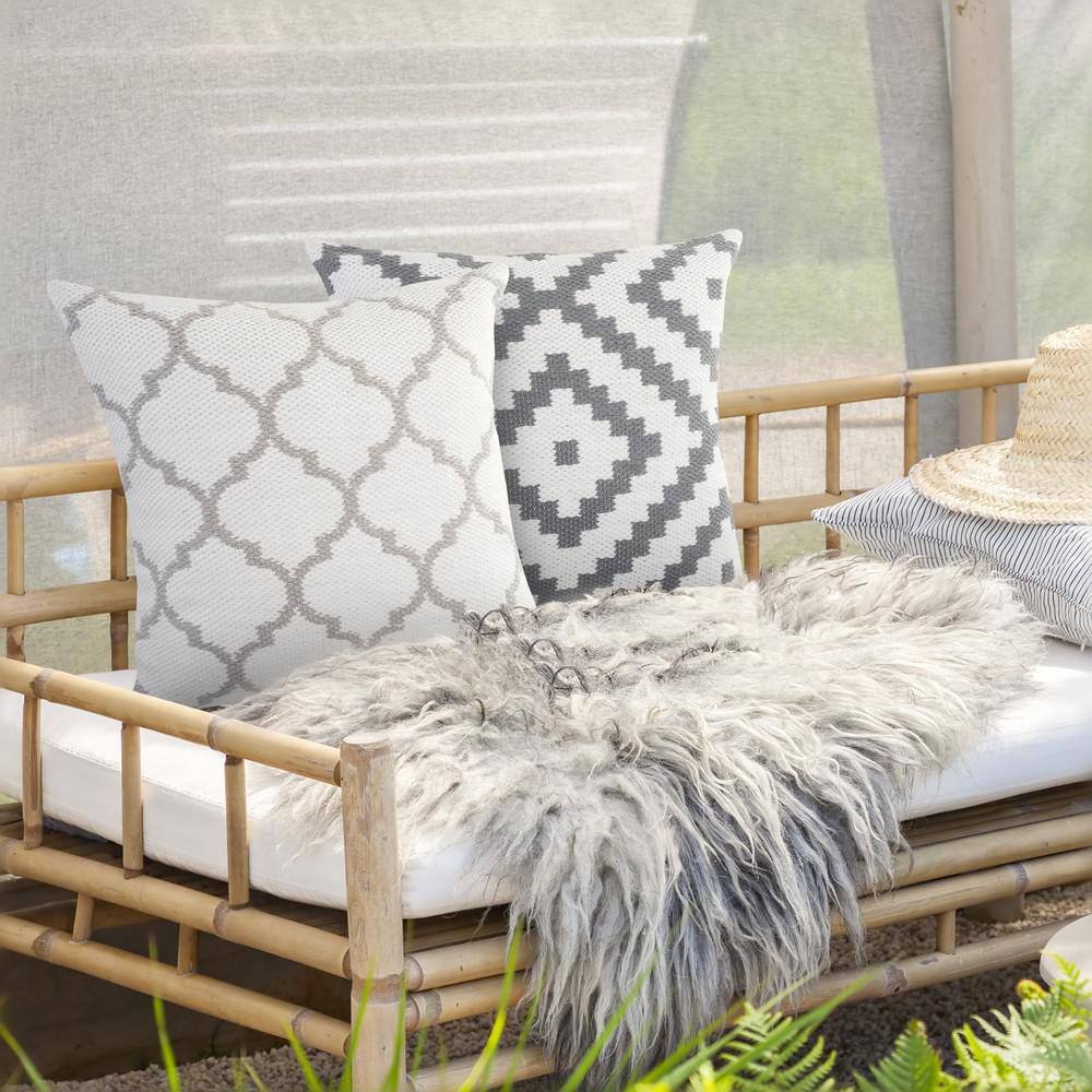 White and Taupe Gray Geometric Square Throw Pillow, 20" x 20"