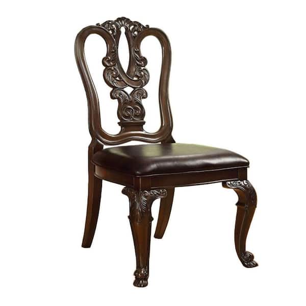 Benjara Brown Cherry Leather Side Chair with Bellagio Traditional Wooden Carving ( Set of 2)