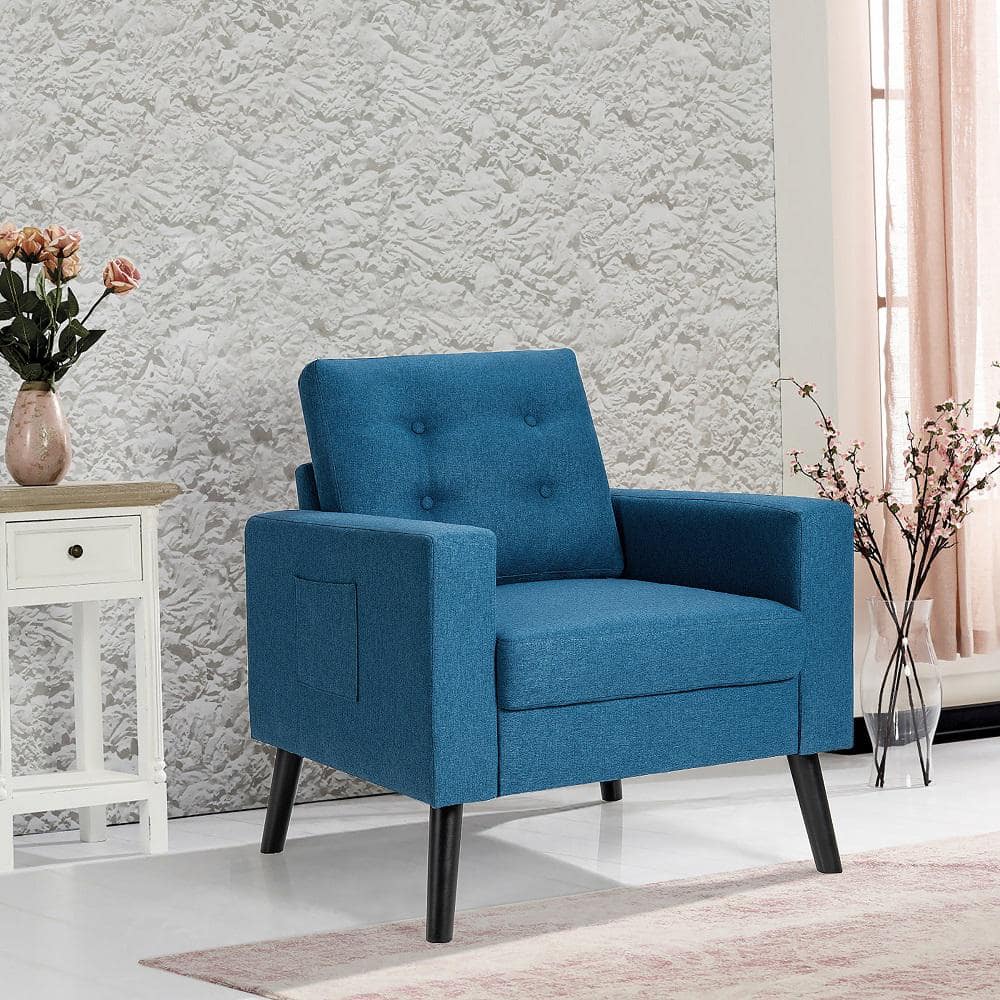 Navy Blue Fabric Upholstered Armchair with Side Pockets