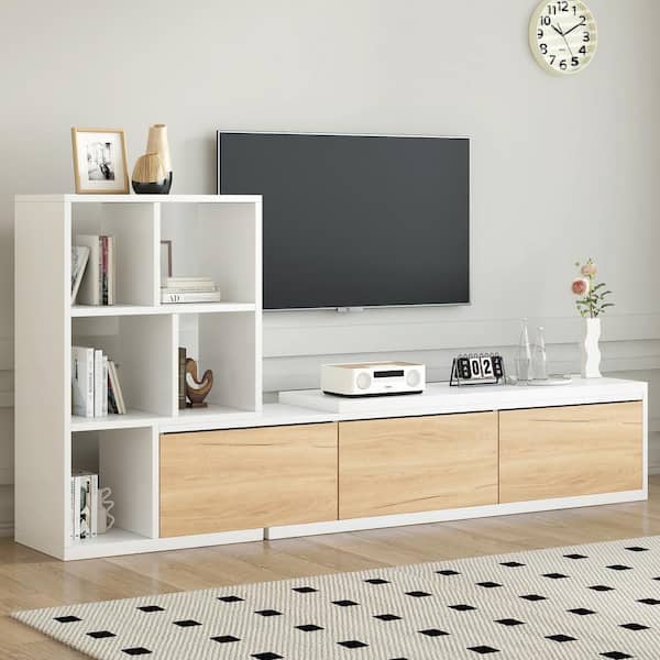 Harper & Bright Designs White 74.8 in. - 126 in. W Extendable TV Stand Fits TVs up to 110 in. w/ 3-Tier Bookshelves, Cabinets, Sliding Tabletop