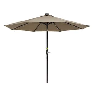 9 ft. Steel Market Patio Umbrella in Taupe with Solar LED Lighting