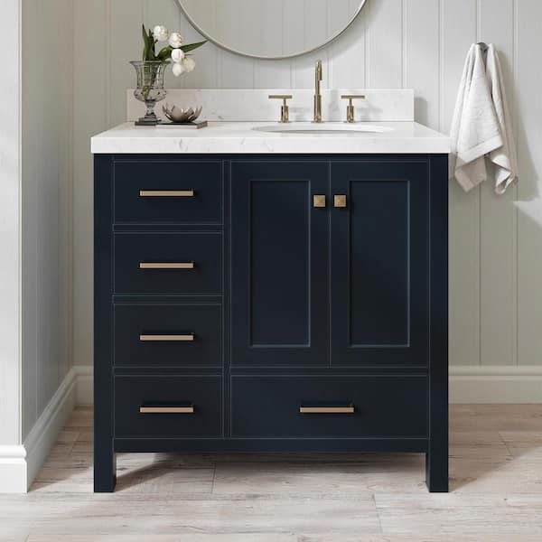 ARIEL Cambridge 36 in. W x 22 in. D x 36 in. H Single Oval Sink Bath Vanity in Midnight Blue with Carrara White Quartz Top