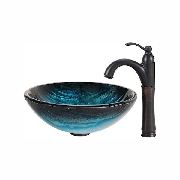 KRAUS Ladon Glass Vessel Sink in Blue with Riviera Faucet in Oil Rubbed Bronze