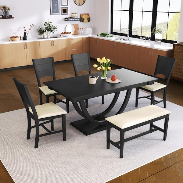 Harper & Bright Designs 6-Piece Gray Wood Half Round Legs Dining Set with 4 Upholstered Chairs and Long Bench