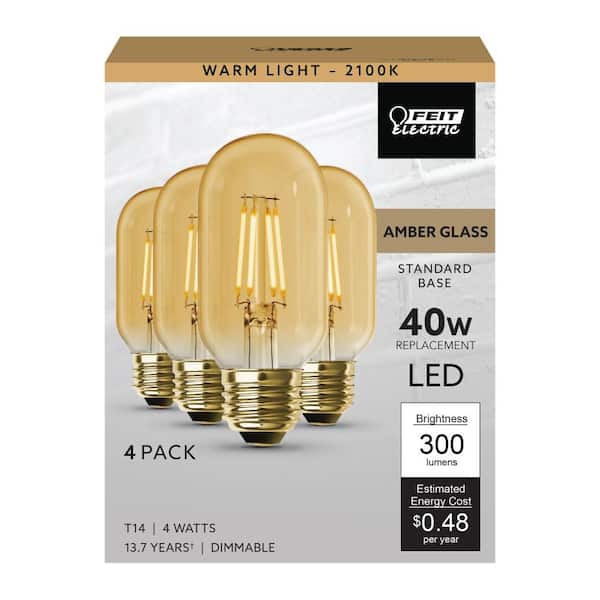 Feit Electric 40-Watt Equivalent T14 Dimmable Straight Filament Amber Glass  E26 Vintage Edison LED Light Bulb, Warm White (4-Pack) T1440/LED/HDRP/4 -  The Home Depot