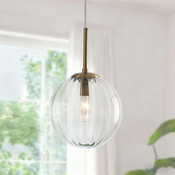 Modern 7.87 in. 1-Light Gold Pendant Light with Globe Ribbed Glass Shade