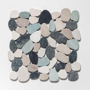 Sliced Pebble Tile Black/Green/Tan 11-1/4 in. x 11-1/4 in. x 9.5mm Honed Pebble Mosaic Tile (9.61 sq. ft. / case)