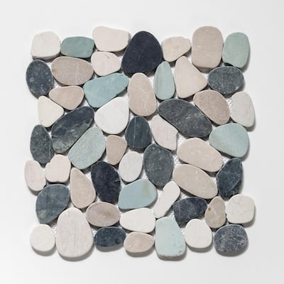 Sliced Pebble Tile Black/Green/Tan 11-1/2 in. x 11-1/2 in. x 9.5mm Honed Pebble Mosaic Tile (10.12 sq. ft. / case)