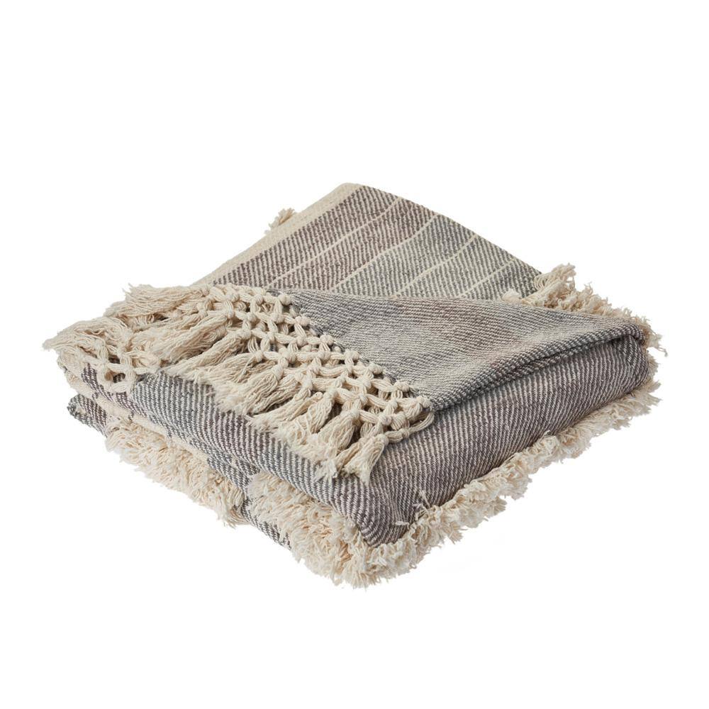Handwoven Gray and Beige Cotton Reversible Throw Blanket