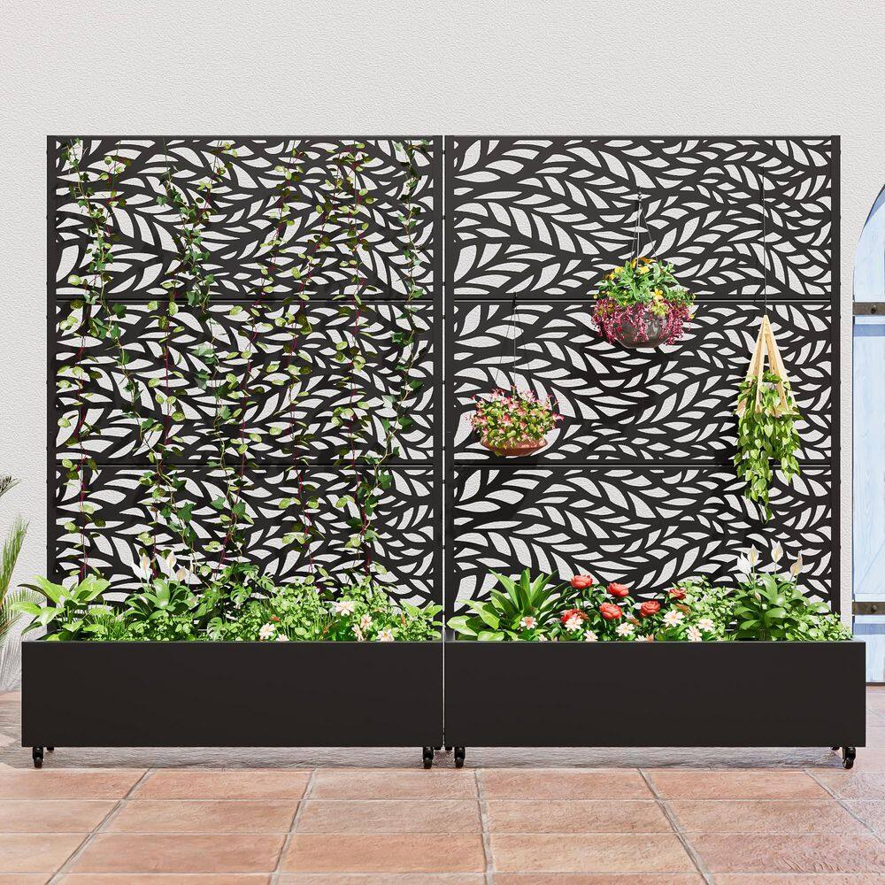 Set of 2-73 in. x 16 in. x 47 in. Black Metal Iron Planter Box with Attached Trellis for Climbing Vegetation