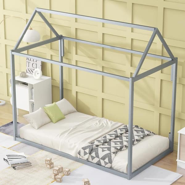 Harper & Bright Designs Silver Twin Size Metal House Shape Platform Bed, Floor Bed