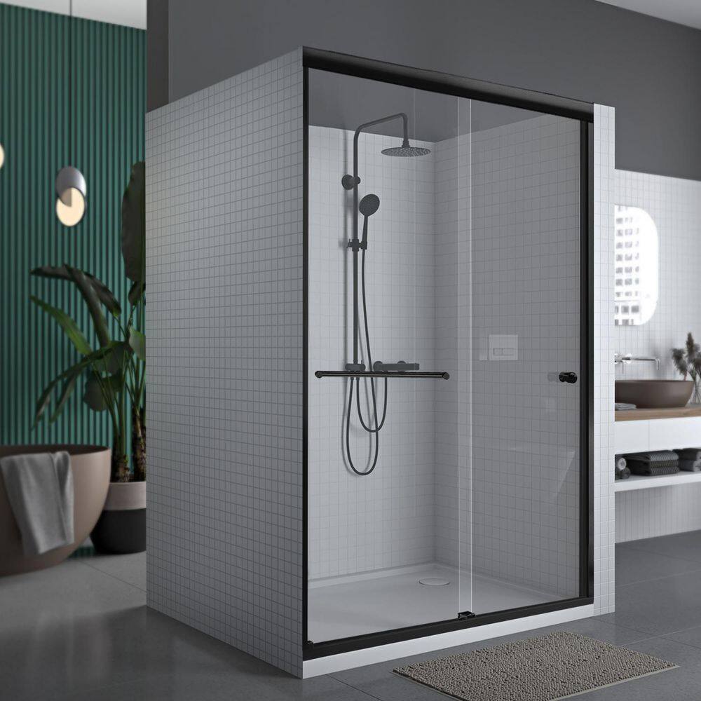 Matte Black Semi-Frameless Sliding Shower Door with Clear Glass